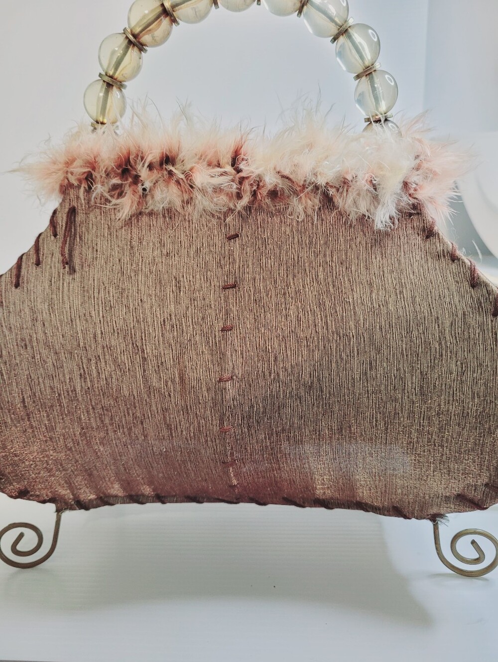 Purse Shaped Table Lamp Beaded Handle Faux Fur Trim Working Novelty Light 11x10